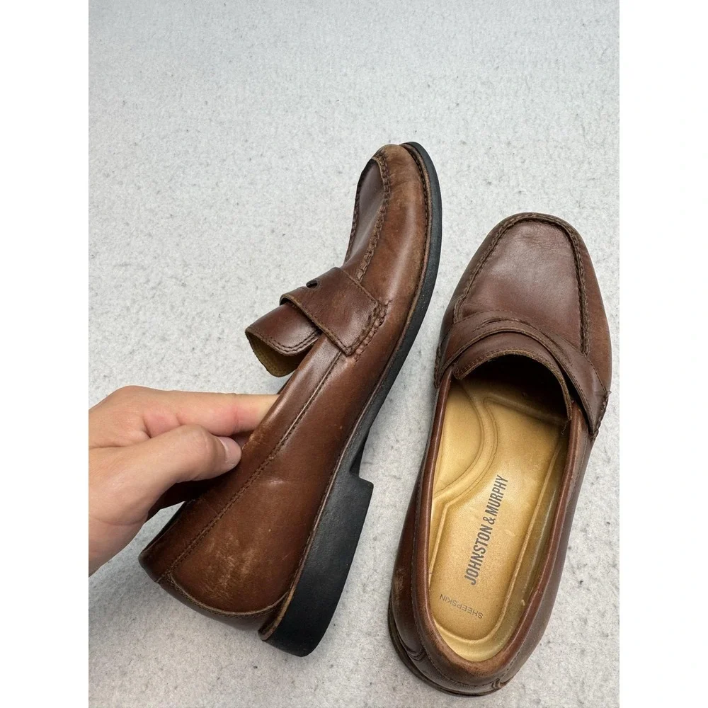 Johnston & Murphy Shoes Mens Size 10 Brown Leather Loafers Square Toe Slip On